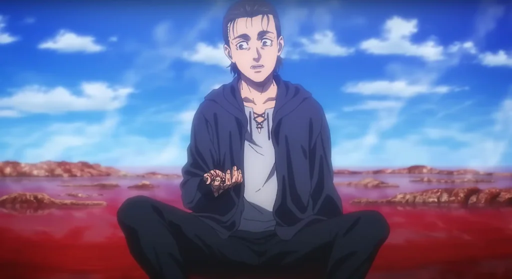 Eren Jaeger observando las murallas de Shiganshina con determinación