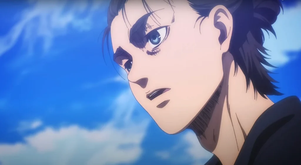 Primer plano de Eren con cabello atado, expresando frialdad y resolución