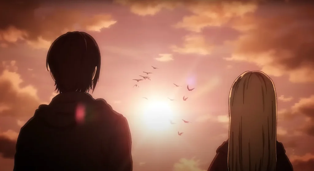 Eren contemplando su mano herida en el Camino, rodeado de sangre y vacío