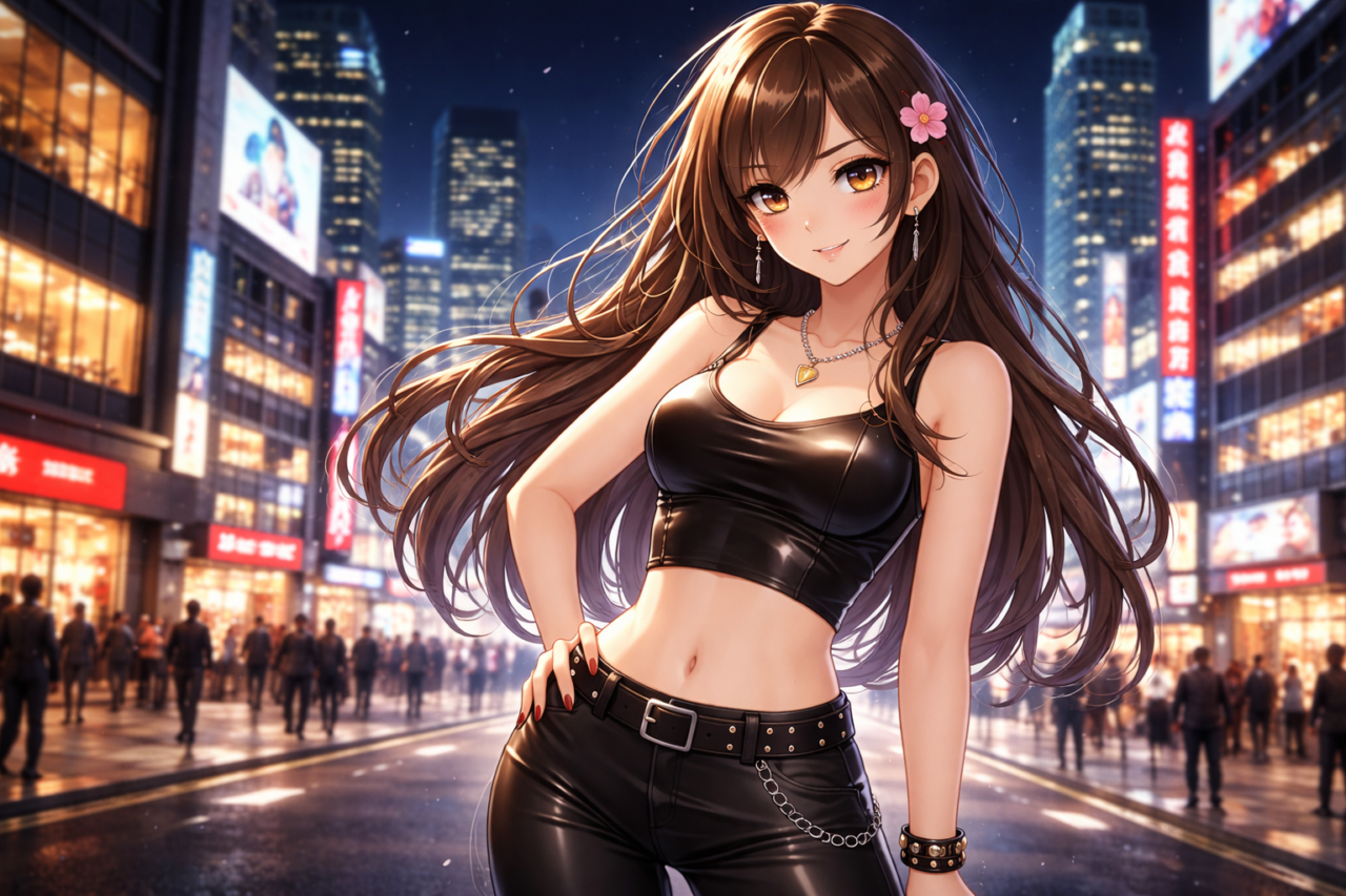 City lights and confident allure